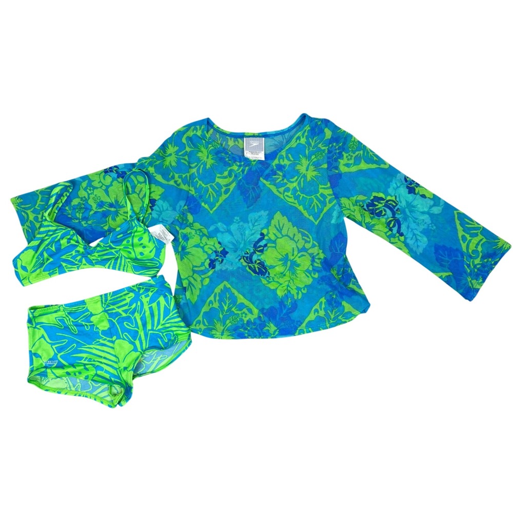 Speedo Girls 3 Piece Y2K Swim Set Bikini Rashguard Cover Up Floral Blue Green 12